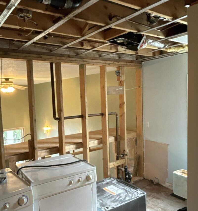 bathroom restoration in progress, with old drywall removed